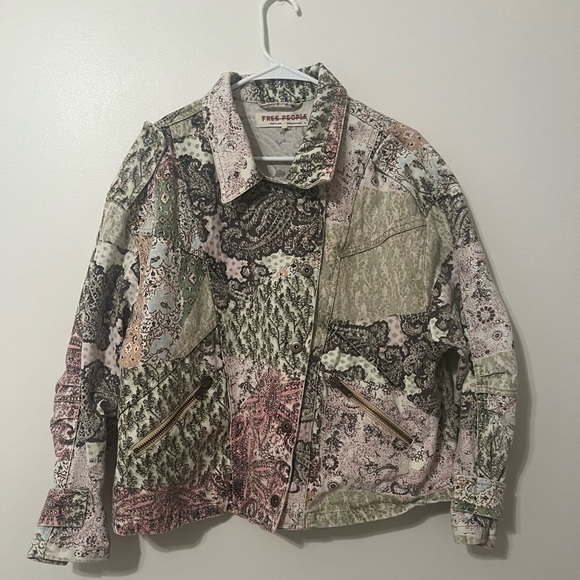 Free People Nadia Moto Jacket Pierced Mix Print Paisley Sage Pink Black - Picture 4 of 12